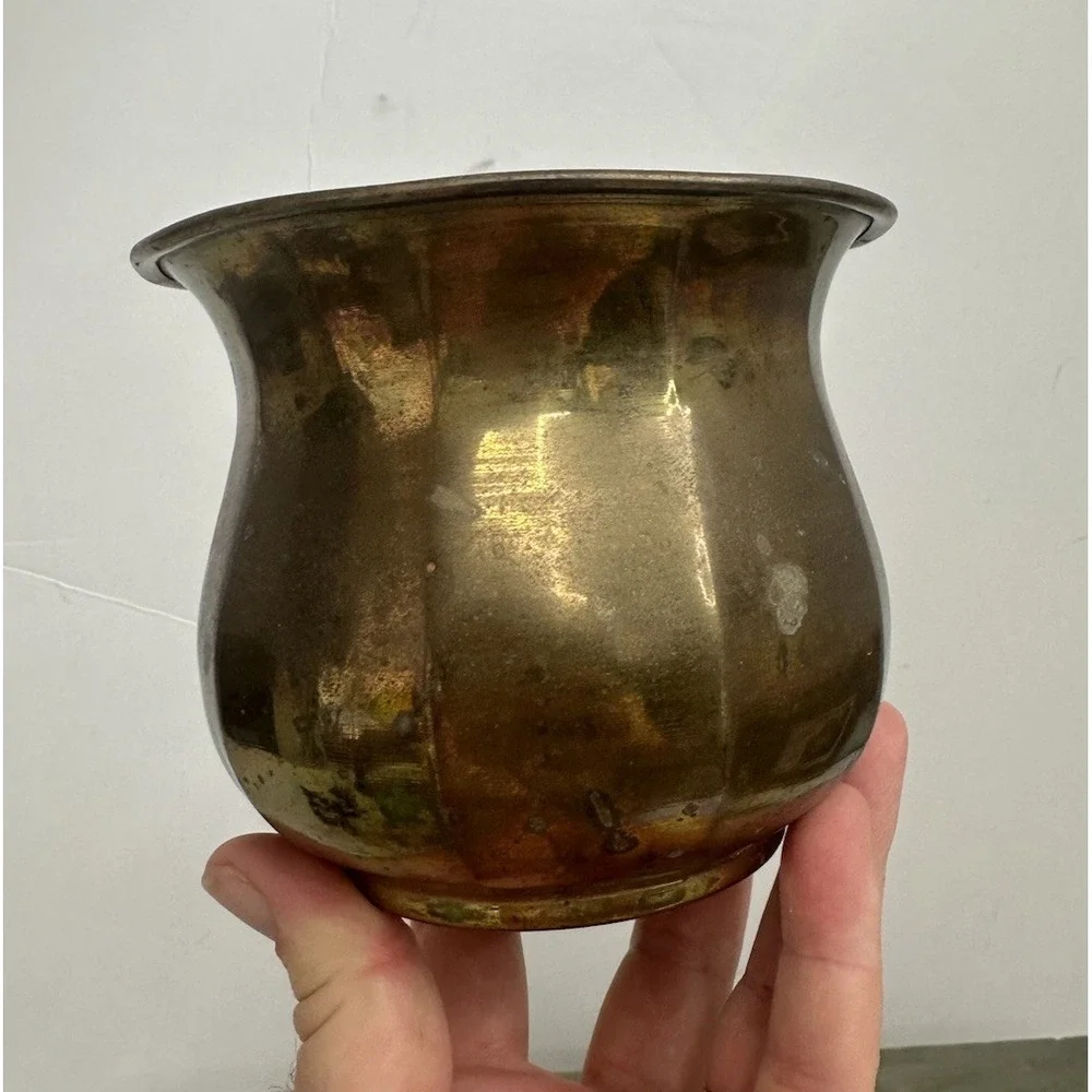 Vintage Small Solid Brass Ribbed Planter Flowerpot Home Garden Decor 4